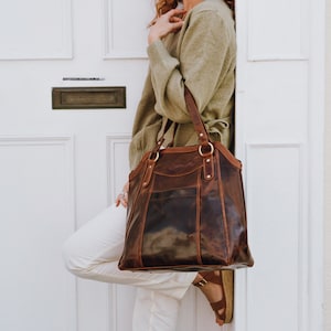 Large Brown Leather Handbag Tote, Oversized Leather Purse Bag Perfect for Work, Gifts for Her