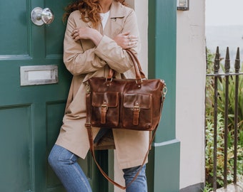 Leather Handbag Tote Bag,  Leather Purse with Crossbody Strap,  Brown Leather Bag with Pockets