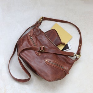 Brown Leather Shoulder Bag, Leather Crossbody Dumpling Bag, Leather Crescent Half Moon Purse Bag image 3