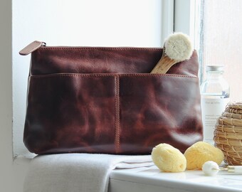Leather Wash Bag, Leather Toiletry Bag, Ladies Leather Cosmetic Bag, Distressed Brown Leather Pouch