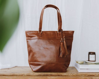 Large Brown Leather Tote Bag with Tassel