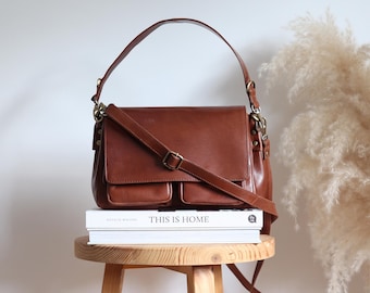 Leather Crossbody Shoulder Bag with Pockets, Organiser Handbag, Adjustable Strap