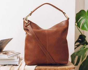 Brown Leather Hobo Bag, Soft Leather Shoulder Bag for Women, Slouchy Everyday Tote Bag with Adjustable Strap