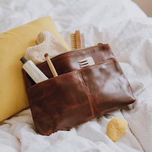 Full Grain Leather Wash Bag, Womens Leather Toiletry Bag, Large Brown Leather Cosmetic Bag,  Anniversary Gift