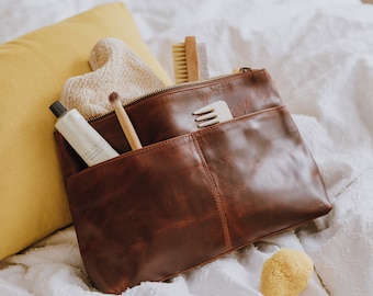 Leather Wash Bag, Leather Toiletry Bag, Ladies Leather Cosmetic Bag, Distressed Brown Leather Pouch