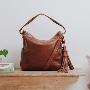 Leather Hobo Bag, Handbag with Tassles, Leather Tote, Brown Leather Purse image 1