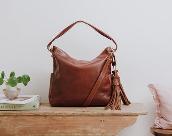 Leather Hobo Bag, Handbag with Tassles, Leather Tote, Brown Leather Purse