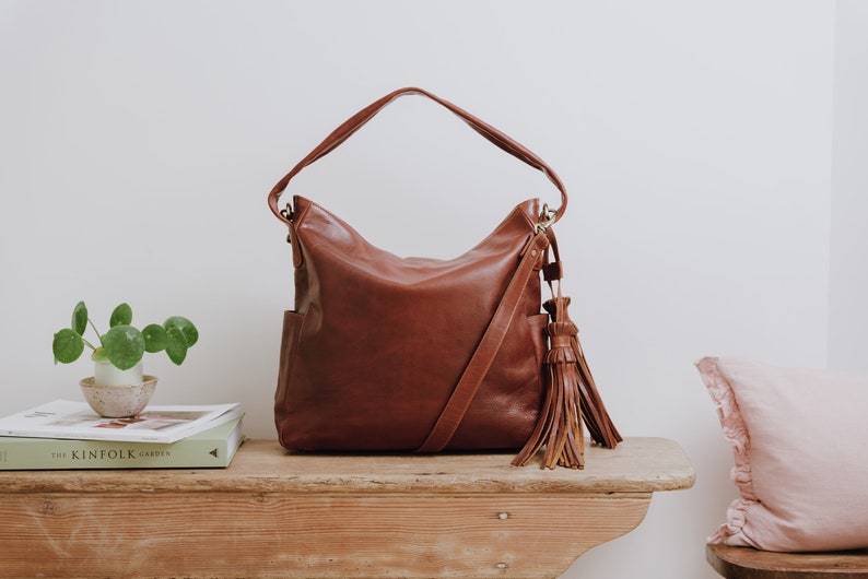 Leather Hobo Bag, Handbag with Tassles, Leather Tote, Brown Leather Purse image 1