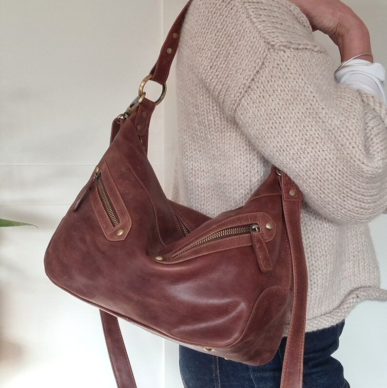 Brown Leather Shoulder Bag, Leather Crossbody Dumpling Bag, Leather Crescent Half Moon Purse Bag image 2