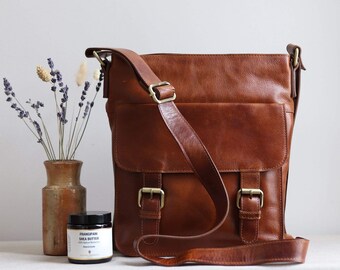 Leather Crossbody Bag, Leather Shoulder Bag with Pockets, Tan Leather Bag, Leather iPad Bag