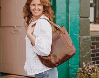 Brown Leather Tote Bag,  Leather Shoulder Bag with Crossbody Strap, Large Leather Purse