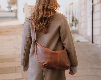 Soft Leather Crossbody Purse, Slouchy Everyday Shoulder Bag, Brown Leather Handbag for Women