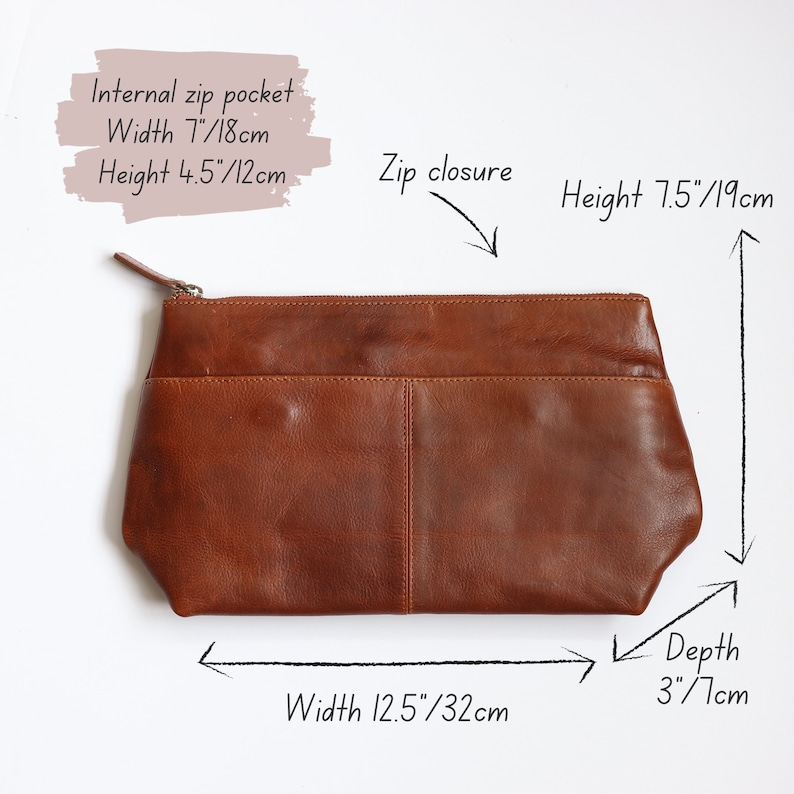 Leather Wash Bag, Leather Toiletry Bag, Womens Leather Cosmetic Bag, Tan Leather Pouch image 6