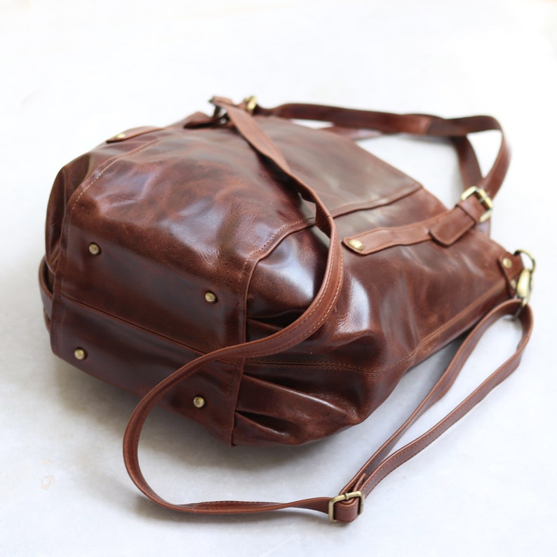 Brown Leather Tote Bag, Leather Shoulder Bag with Crossbody Strap, Large Leather Purse image 4