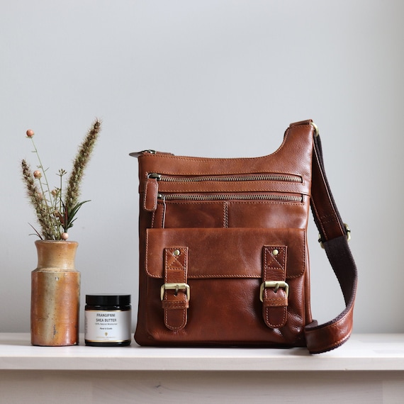 Leather Crossbody Bag Tan Leather Shoulder Bag With Pockets | Etsy