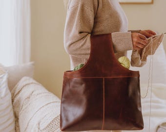 Leather Knitting Project Bag with Yarn Feeder Holes, Crochet Project Bag, Portable Yarn Holder for Knitters & Crocheters, Knitting Gifts