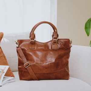 large tan leather tote with crossbody strap