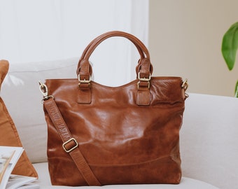 Large Leather Tote Bag,  Brown Leather handbag With Crossbody Strap