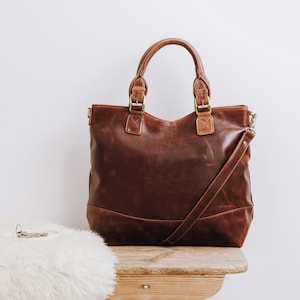 Large Brown Leather Handbag Tote, Oversized Leather Women's Purse, Vegetable-Tanned Leather bag image 1