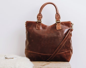 Large Brown Leather Handbag Tote, Oversized Leather Women's Purse, Vegetable-Tanned Leather bag
