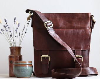 Brown Leather Shoulder Bag with Pocket,  Leather Shoulder Bag, Leather iPad Bag