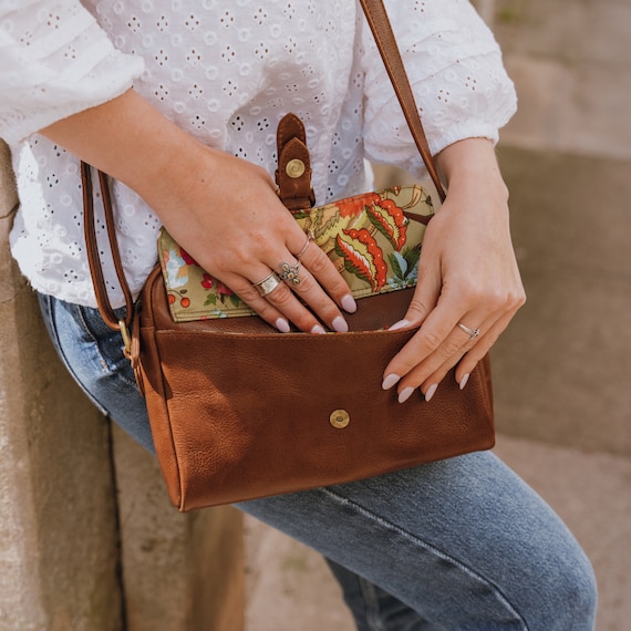 Leather Crossbody Bag With Pocket Tan Leather Shoulder Bag 