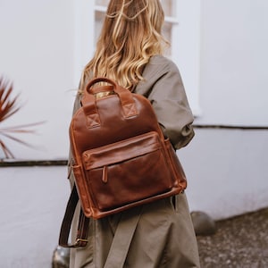 Damen Leder Rucksack Geldbörse, Leder Rucksack mit Tragegriffen, Vielseitig Brauner Leder Arbeits- und Reiserucksack