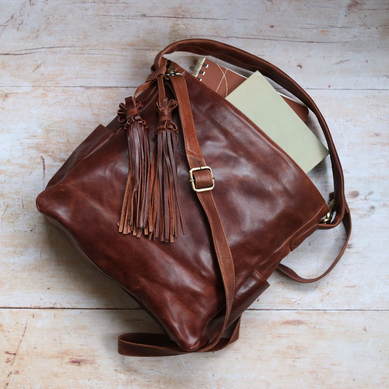 Leather Hobo Bag, Handbag with Tassles, Leather Tote, Brown Leather Purse image 3