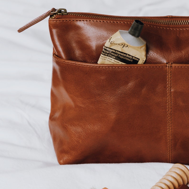 Leather Wash Bag, Leather Toiletry Bag, Womens Leather Cosmetic Bag, Tan Leather Pouch image 2