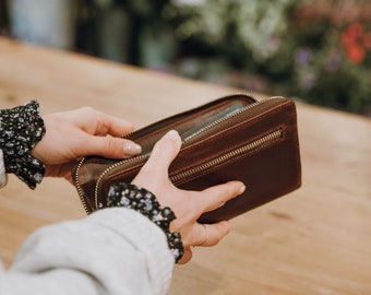 Leather wallet women, Large leather wallet, Brown Zip-around Leather wallet, gift for her