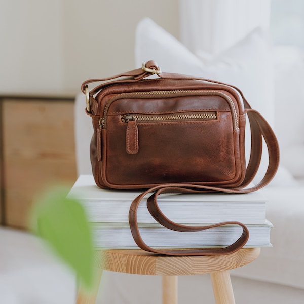 Leather Crossbody Bag, Leather Camera Bag, Small Leather Purse, Shoulder Bag, Leather Handbag, Distressed Brown