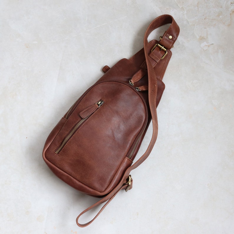 Genuine Leather Sling Bag, Handmade Brown Leather Crossbody Casual Daypack, Sling Backpack, Leather Fanny Pack image 2