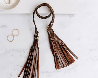 Leather Tassel Bag Charm, Double Tassel Charm, Detachable Leather Handbag Charm, Dark Brown