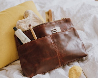 Leather Wash Bag, Leather Toiletry Bag, Ladies Leather Cosmetic Bag, Distressed Brown Leather Pouch