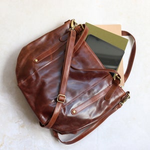 Brown Leather Tote Bag, Leather Shoulder Bag with Crossbody Strap, Large Leather Purse image 3