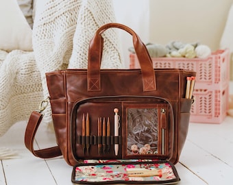 Knitting Project Bag, Crochet Project Tote with Yarn Feed Holes & Needle Organiser