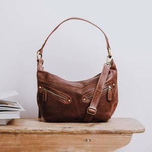 Brown Leather Shoulder Bag, Leather Crossbody Dumpling Bag, Leather Crescent Half Moon Purse Bag image 1