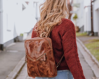 Handmade Brown Leather Daypack, Stylish Women's Backpack
