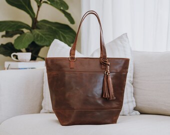 Large Brown Vegetable Tanned Leather Tote with Tassel