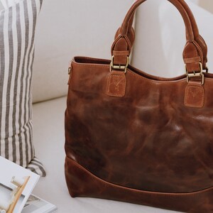 Large Brown Leather Handbag Tote, Oversized Leather Women's Purse, Vegetable-Tanned Leather bag image 2