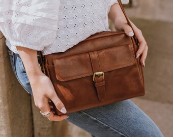 Leather Crossbody Bag with Pocket, Tan Leather Shoulder Bag, Leather Purse with long strap
