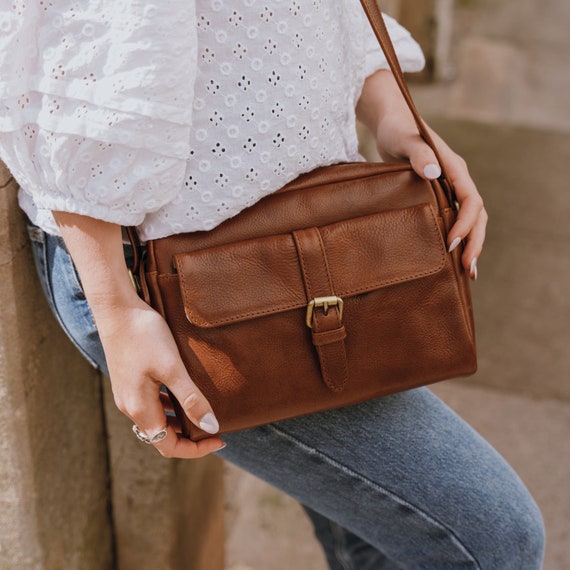 Leather Crossbody Bag With Pocket Tan Leather Shoulder Bag 