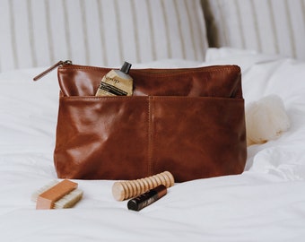 Leather Wash Bag, Leather Toiletry Bag, Womens Leather Cosmetic Bag, Tan Leather Pouch