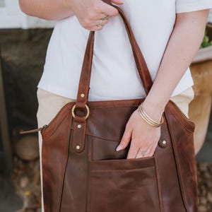 Large Brown Leather Work Tote Bag for Women, Laptop-Friendly Shoulder Bag, Professional Leather Purse, Stylish Office Bag image 3