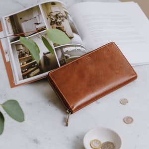 Leather Zip Around Wallet, Large Leather Purse, Tan image 2