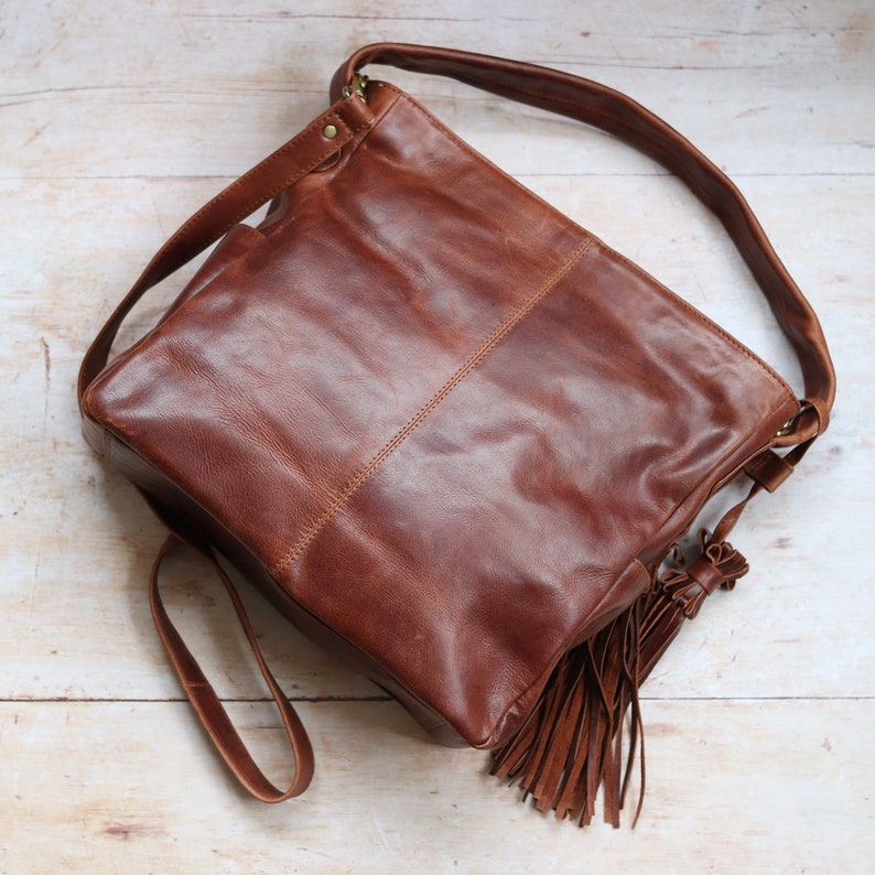 Leder Hobo Bag, Handtasche mit Quasten, Leder Tote, Braune Leder Geldbörse Bild 4