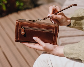 Leather Wallet With Wrist Strap, Ladies Leather Wallet Purse, Zip Around Wallet, Brown Leather Wallet