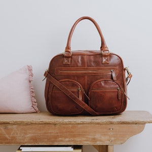 Leather Weekend Bag, Tan Leather Holdall, Leather Diaper Bag,  Leather Travel Flight Bag