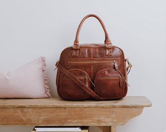 Leather Weekend Bag, Tan Leather Holdall, Leather Diaper Bag,  Leather Travel Flight Bag