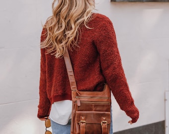 Leather Organiser Crossbody Bag, Brown Messenger Purse with Pockets, Lightweight Everyday Handbag